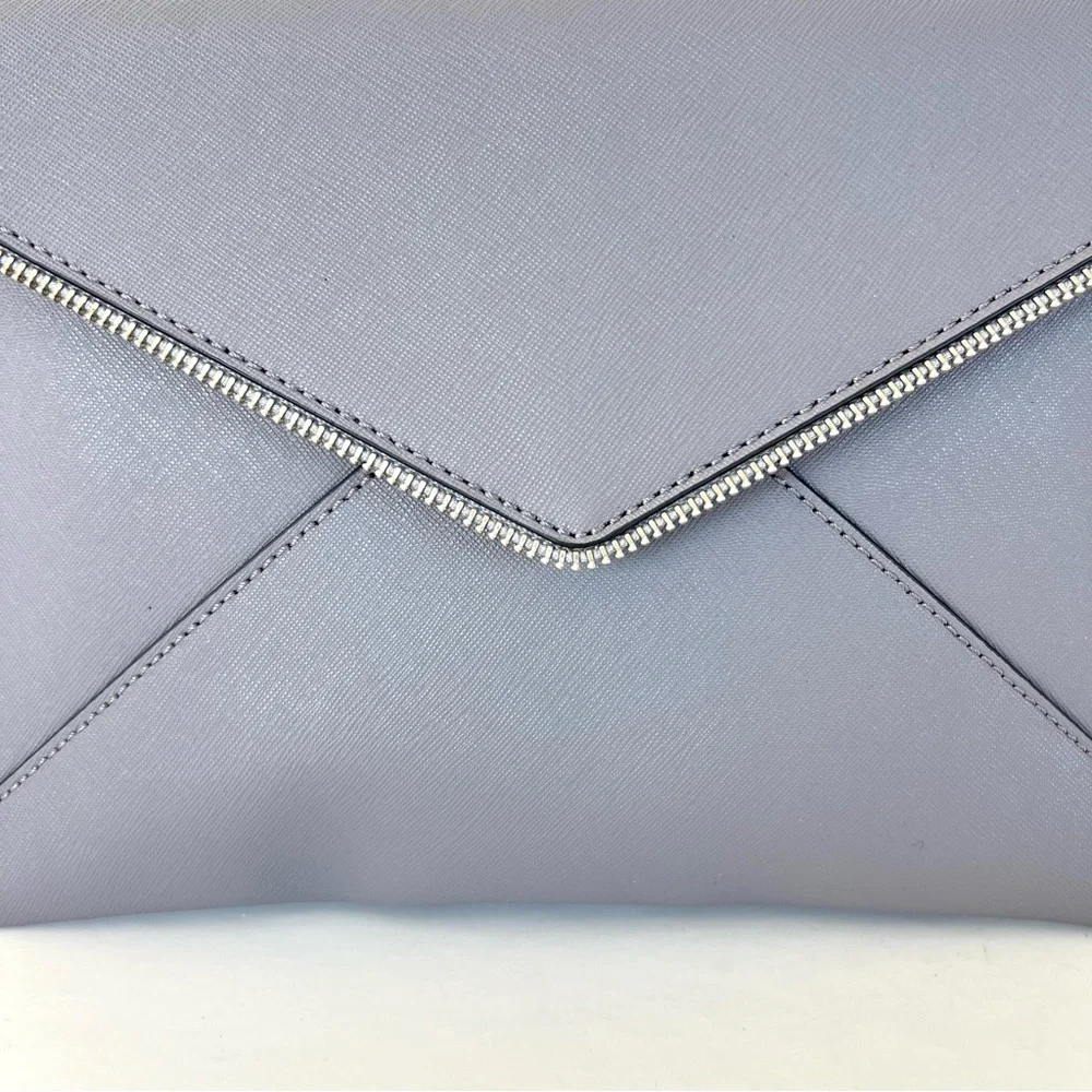 REBECCA MINKOFF Leo Gray Safiano Structure Leather Zipper Accent Envelope Clutch